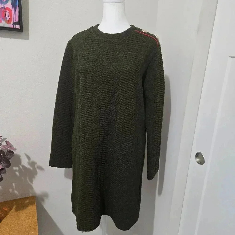 Zara Quilted Military Style Army Green Long Sleeve Tunic Dress - Sz M